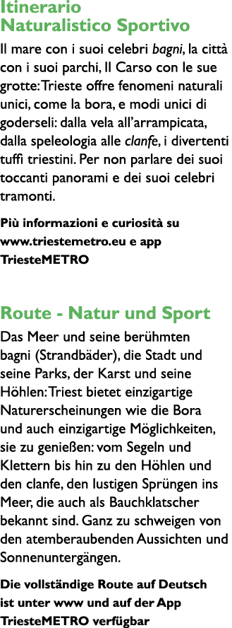 Itinerario Naturalistico Sportivo Il mare con i suoi celebri bagni, la citt  con i suoi parchi, Il Carso con le sue g   